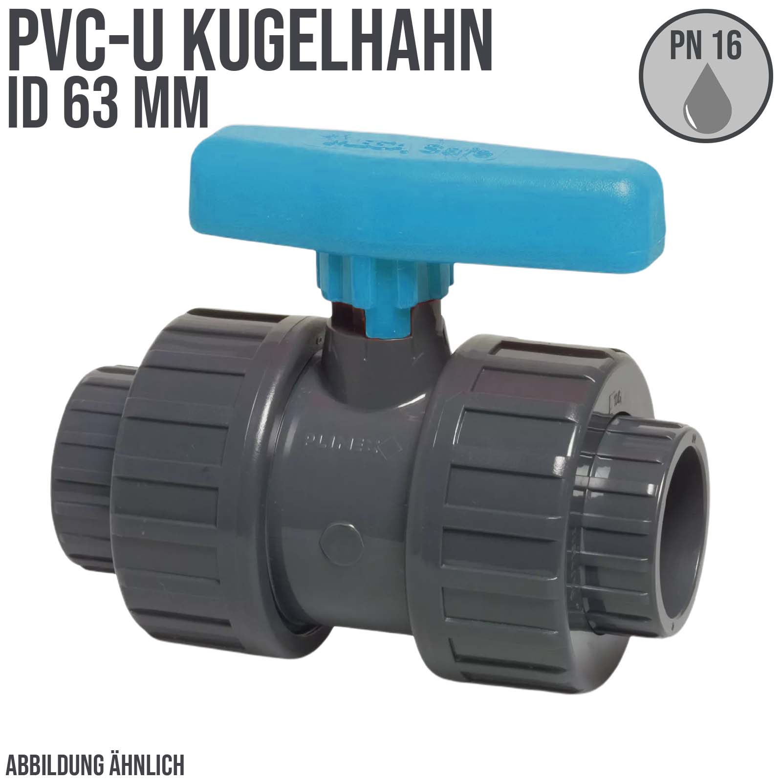 63 mm PVC Kugel Absperr Hahn Ventil beidseitige Klebemuffe Fitting PN 16 bar - blauer Griff