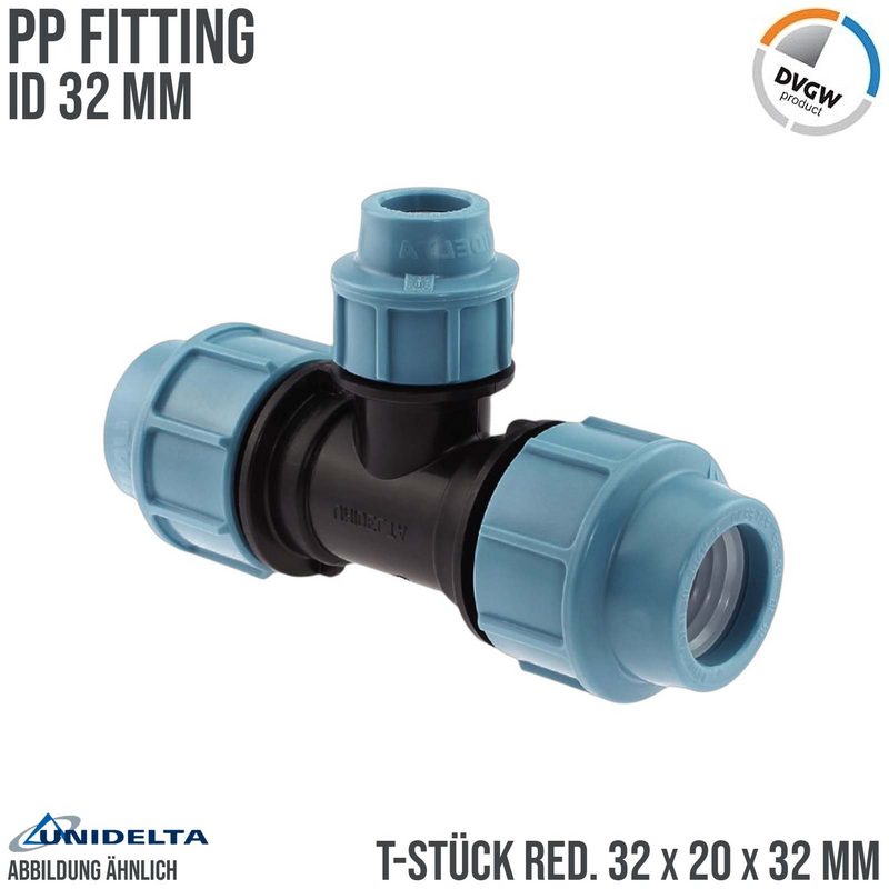 32 x 20 x 32 mm PE PP Fitting Klemm Verbinder Verschraubung Muffe reduziert T-Stück 90° DVGW - Unidelta