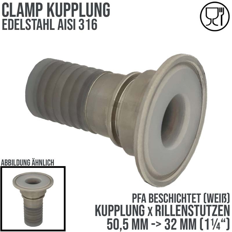 CLAMP Kupplung 50,5 mm Schlauch Rillen Stutzen Tülle PFA beschichtet 32 mm 1 1/4" - PN 16 bar