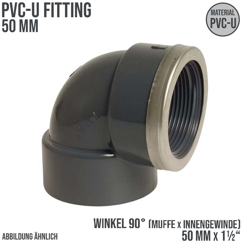 50 mm PVC Klebe Fitting Winkel 90° Innengewinde IG verstärkt 50 mm x 1 1/2" Muffe Verbinder - PN 16 bar