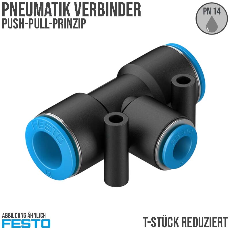 16 -> 12 mm Pneumatik Schnell Steck Verbinder QS T-Stück reduziert blau/schwarz QS-4 (153034) - PN 14 bar
