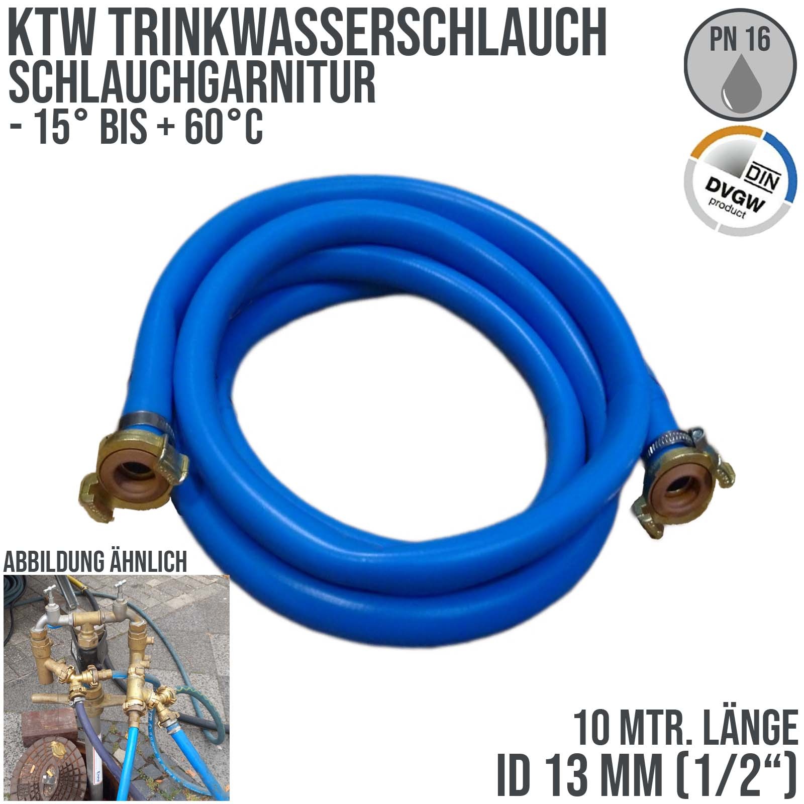 13 mm 1/2" Zoll TPE Trinkwasser Garnitur GEKA-Schnellkupplung Kirmes Schlauch KTW DVGW PN15 bar - 10 m