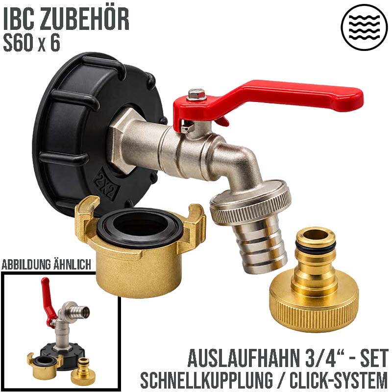 S60 x 6 IBC 3/4" Auslauf Hahn Ventil PROFI SET Messing Container Tank Zubehör