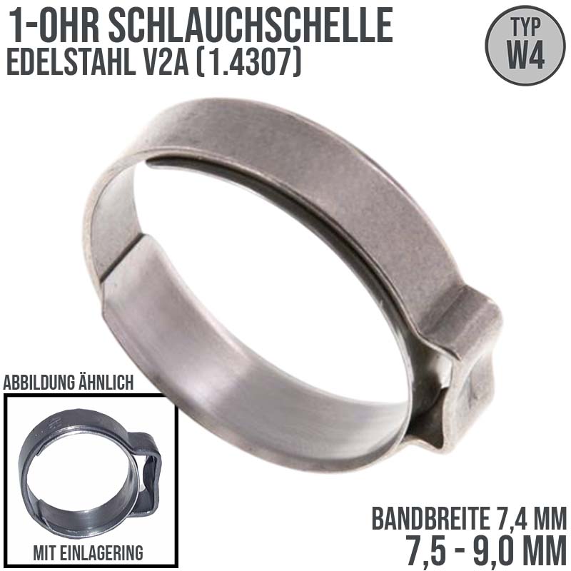 7,5 -9,0 mm 1-Ohr Doppel Schlauch Schelle Einlagering Edelstahl 1.4307 W4 - Bandbreite 7,4 mm
