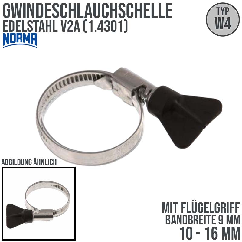 10 - 16 mm NORMA Schlauch Gewinde Rohr Schelle W4 Edelstahl 1.4301 Flügelgriff - Band 9 mm