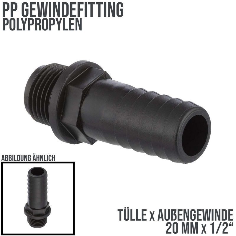20 mm x 1/2 " PP Gewinde Fitting Schlauch Tülle Stutzen Außengewinde AG - PN 6 bar