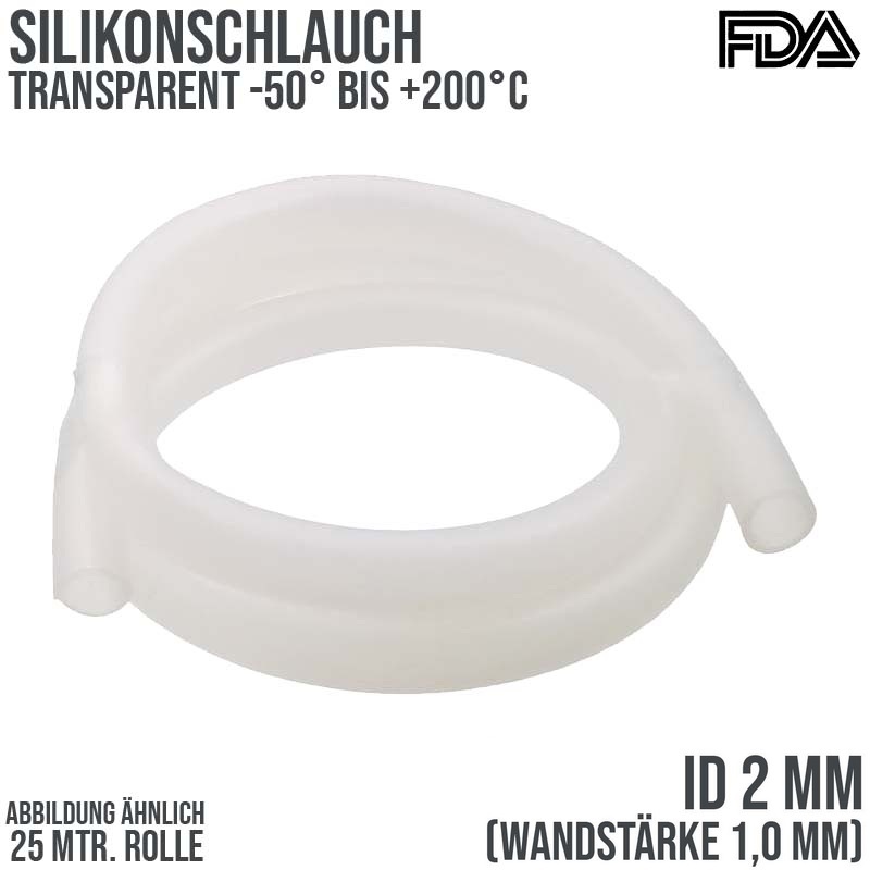 2 x 4 mm Silikon Silicon Milch Schlauch transparent lebensmittelecht FDA 0,60 bar - 25 m