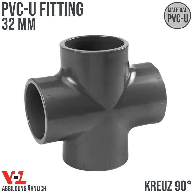 32 mm VDL PVC Klebe Fitting Kreuz Stück 90° Winkel Muffe Verbinder - PN 16 bar