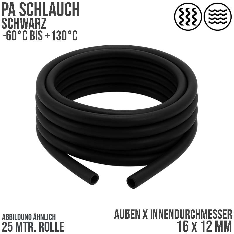 16 x 12 mm Polyamid PA Pneumatik Schlauch schwarz - PN 19 bar - 25 m