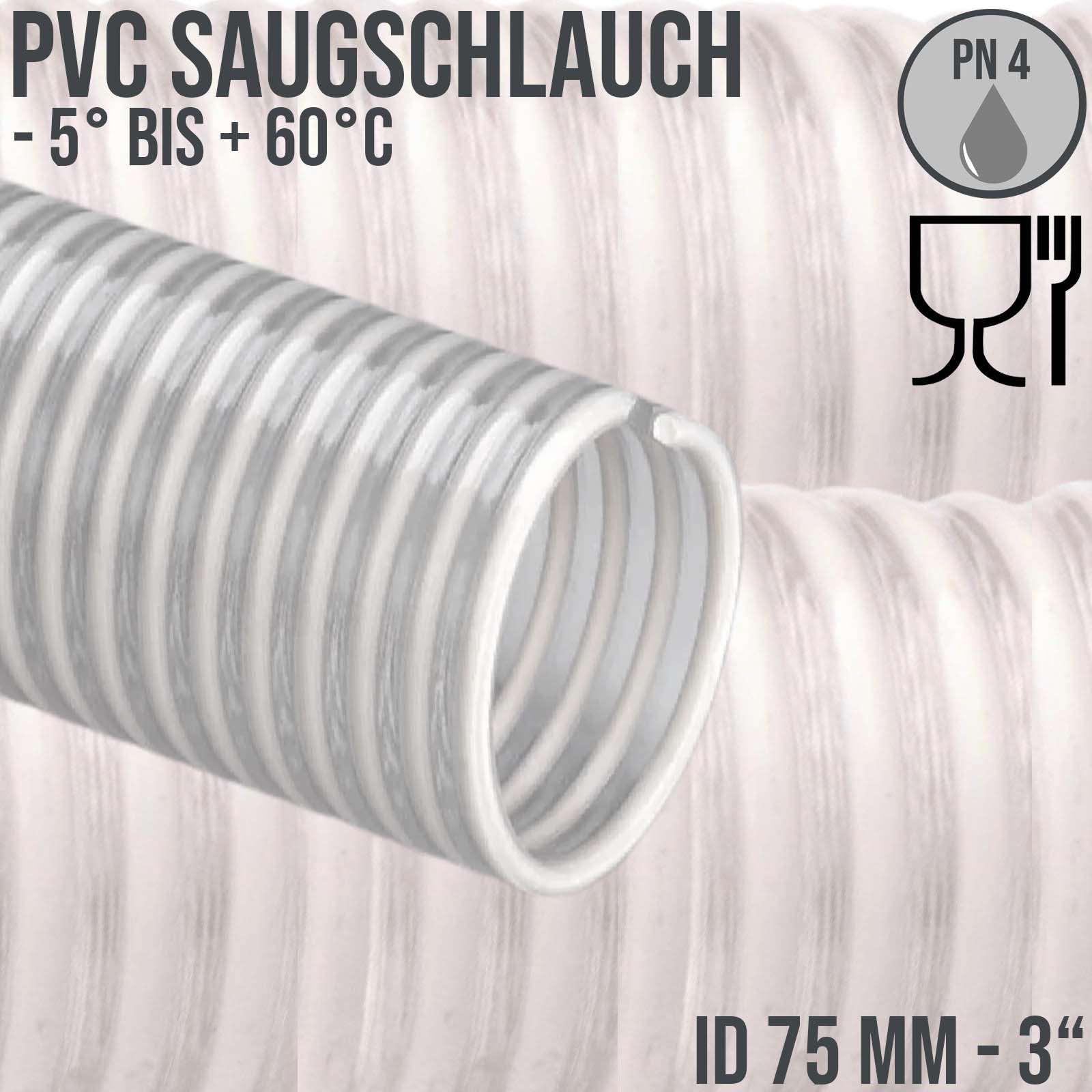 75 mm 3" Zoll Saug Ansaug Spiral Förder Pumpen Schlauch Lebensmittel Saatgut weiß PN 4 bar