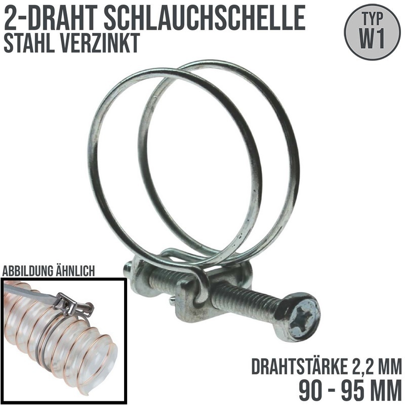 90 - 95 mm 2-Draht Schlauch Schelle W1 Stahl verzinkt Schraube M6 x 50 Draht 2,2 mm