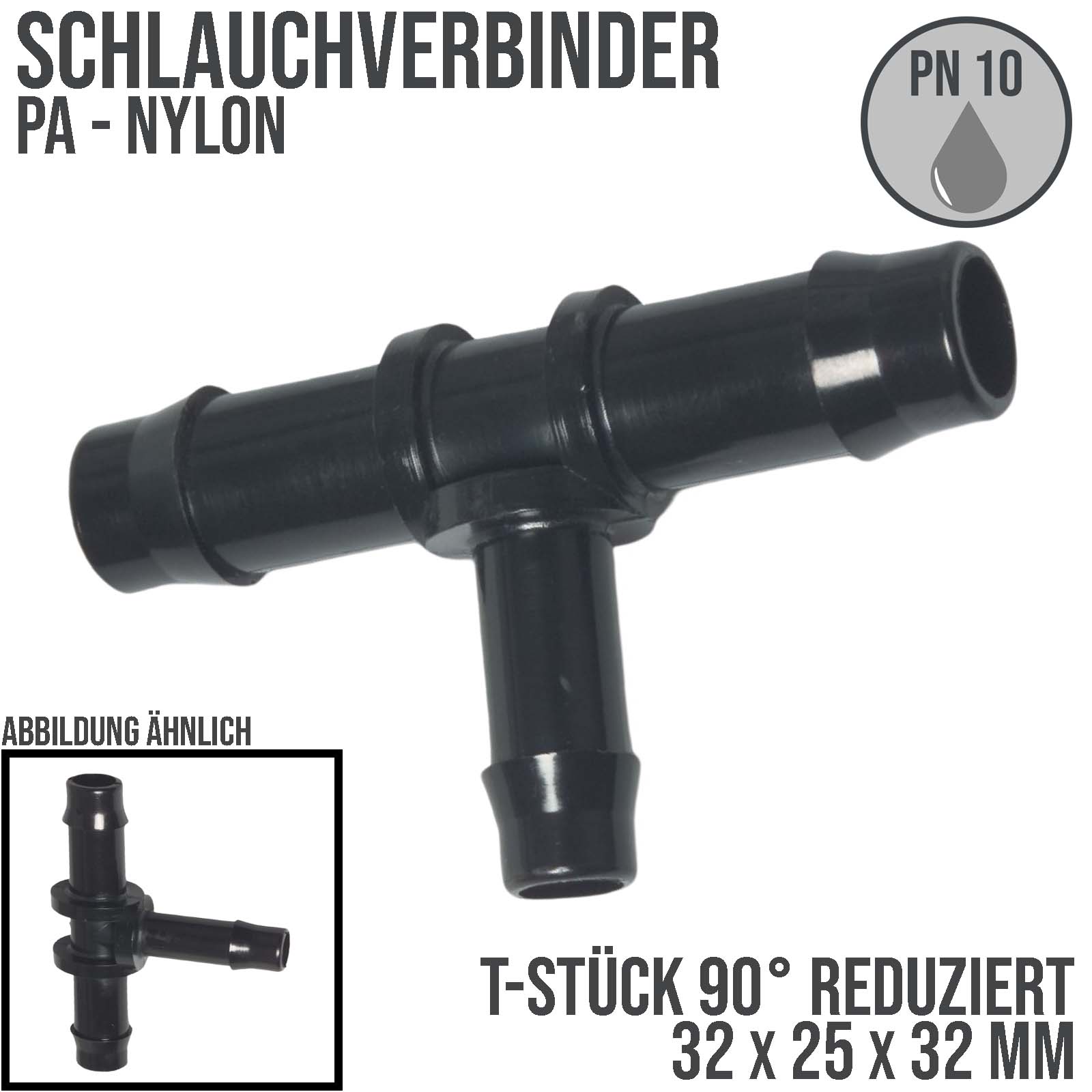 32 x 25 x 32 mm PA Nylon T-Stück Schlauch Verbinder Stutzen Doppel Tülle Kupplung Fitting WF schwarz PN 10 bar
