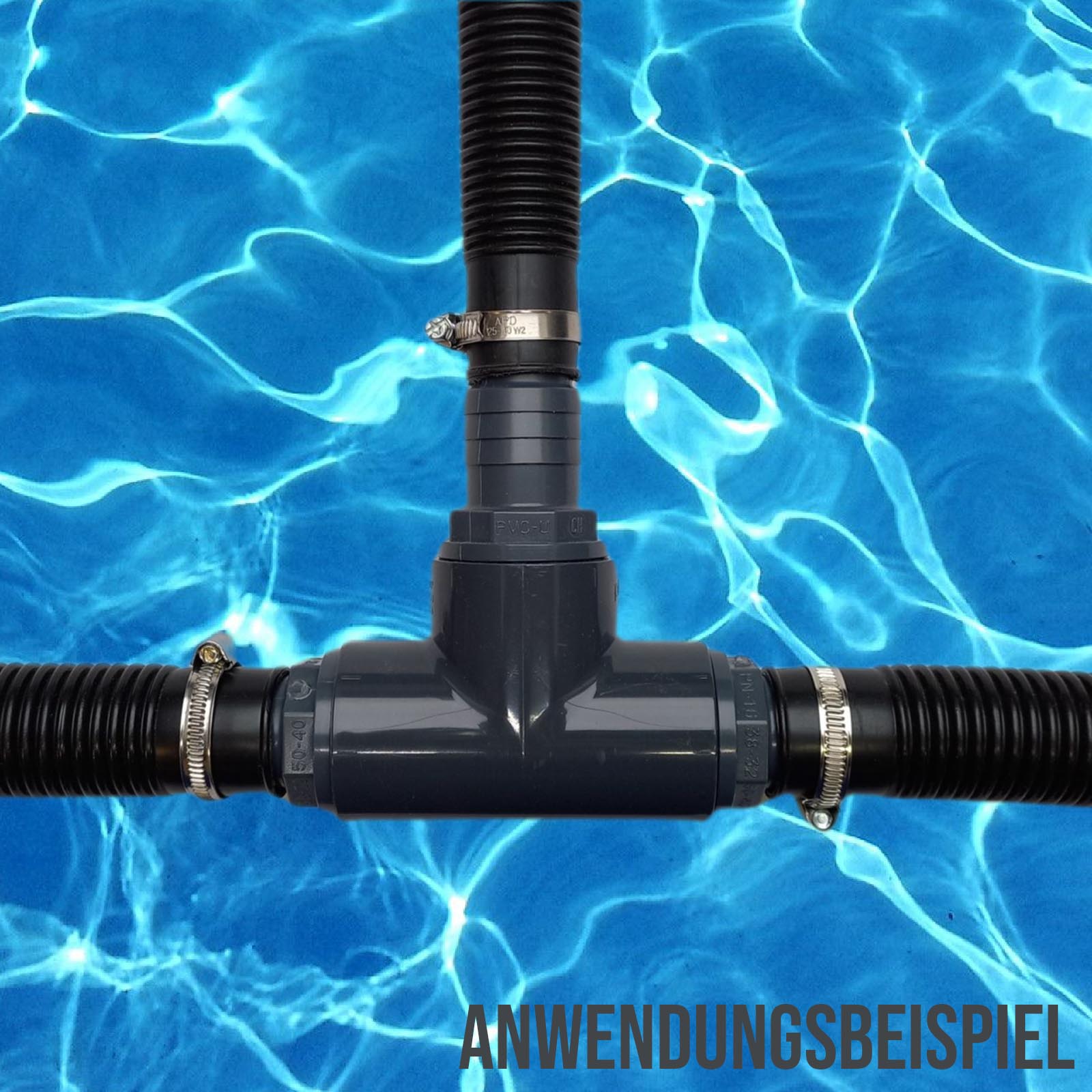 38 mm PVC PROFI T-Stück 90° Schlauch Verbinder Stutzen Tülle Pool Teich Garten - PN 10 bar - Montage-Set