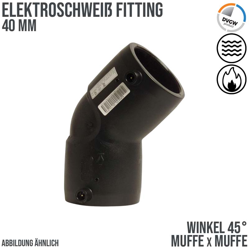 40 mm PE 100 Elektro Schweiß Fitting Winkel 45° Muffe SDR 11 DVGW 24 VAC schwarz