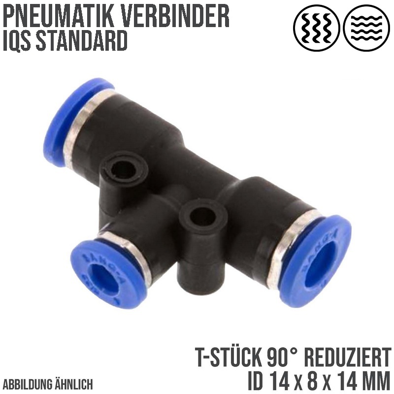 14 -> 8 mm Pneumatik Steck Verbinder IQS T-Stück 90° reduziert blau/schwarz PA PU Schlauch - PN 20 bar