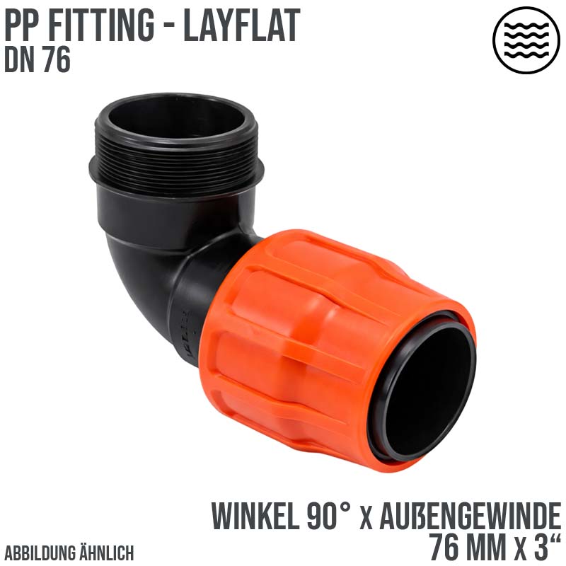 76 mm x 3" PE PP Fitting Layflat Klemm Verbinder Winkel 90° x Außengewinde AG Flach Schlauch - PN 6 bar