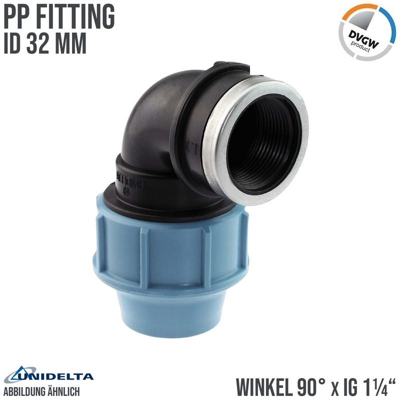 32 mm x 1" PE PP Fitting Klemm Verbinder Verschraubung Rohr Winkel 90° x IG DVGW - Unidelta