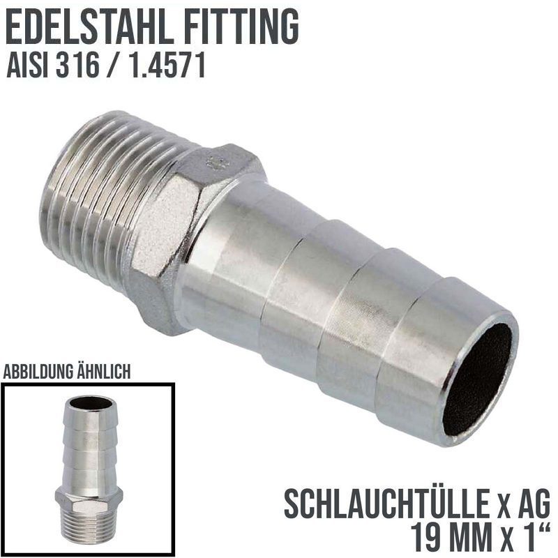 19 mm x 1" Zoll Schlauch Tülle Stutzen Außengewinde AG Nippel Edelstahl AISI 316 VA  Fitting - PN 20 bar