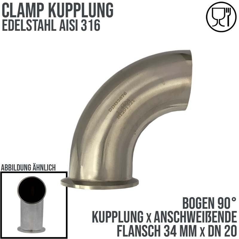 CLAMP Kupplung Bogen 90° 34 mm DIN 32676 Flansch Teller Anschweissende DN 20  3/4" - PN 16 bar
