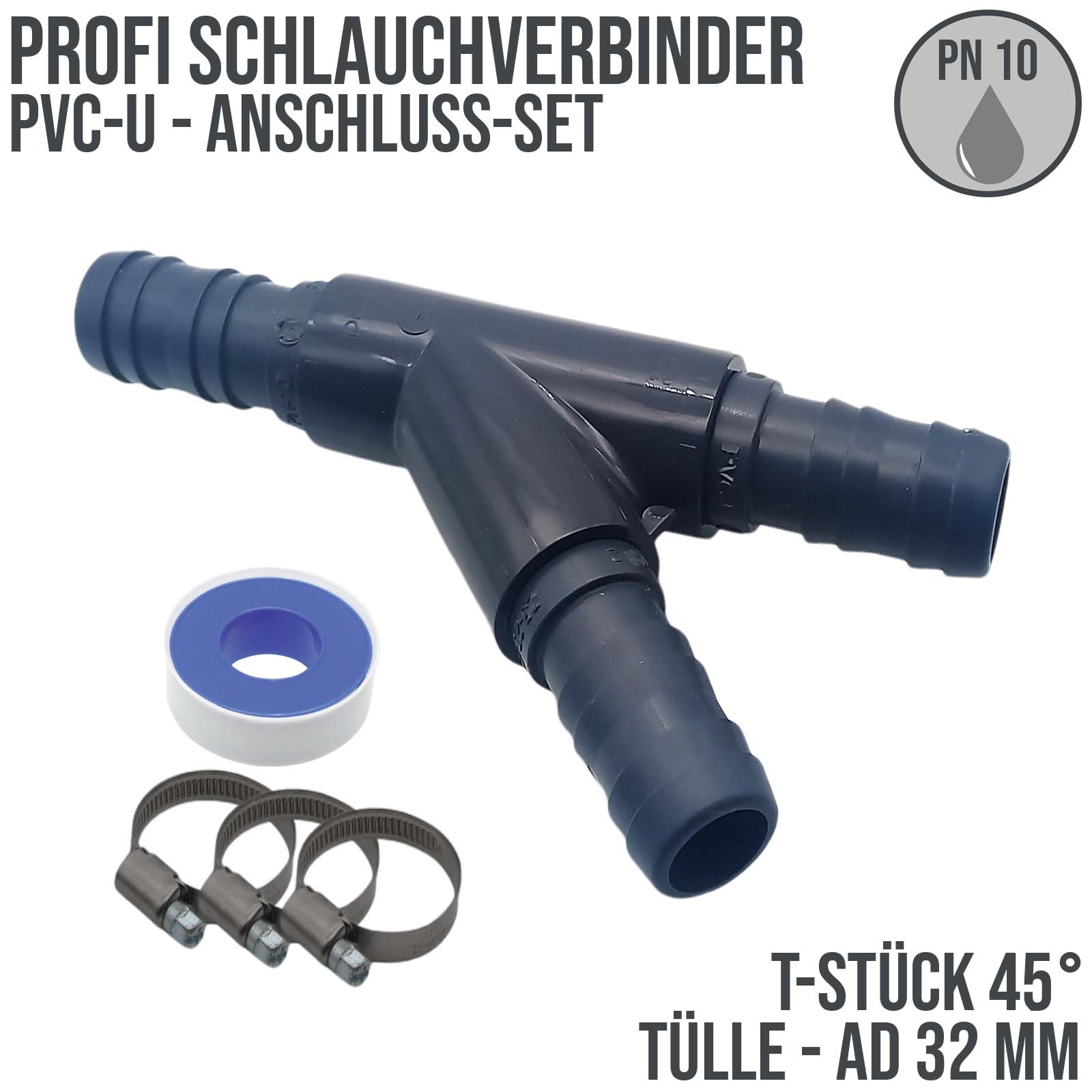 32 mm PVC PROFI T-Stück 45° Schlauch Verbinder Stutzen Tülle Pool Teich Garten - PN 10 bar - Montage-Set