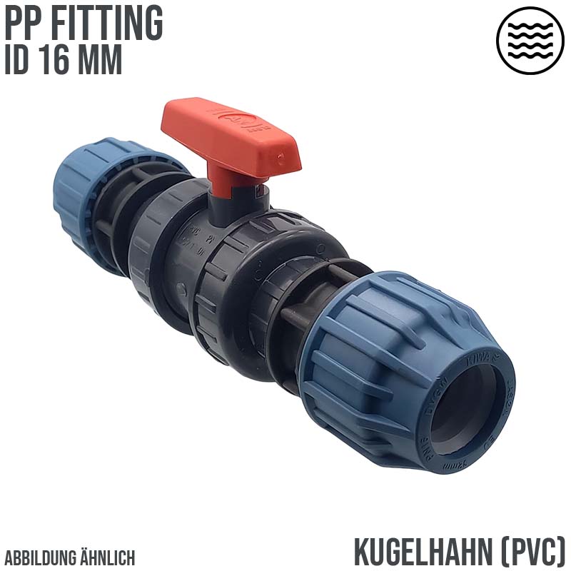 16 mm PE PP Fitting Klemm Verbinder Verschraubung Kugelhahn (rot) mit 2-fach Muffe