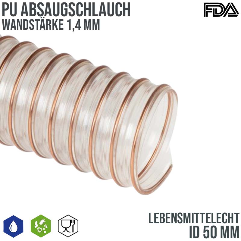 50 mm PU Saug Ansaug Druck Spiral Flex FDA Lebensmittel Schlauch - Wandstärke 1,4 mm - PN 1,32 bar