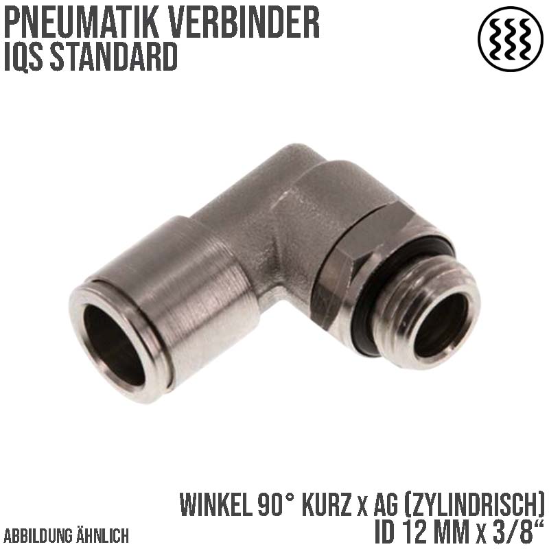 12 mm x 3/8" Pneumatik Steck Verbinder Winkel 90° kurz IQS MSV Messing Außengewinde zylindrisch - PN 16 bar