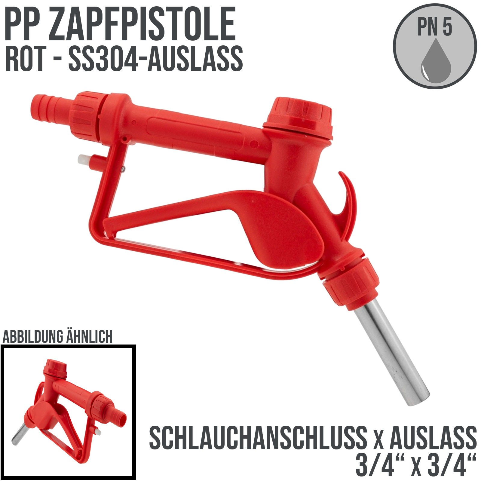 Zapfpistole (PP) rot Anschluss 3/4" auf Auslass 3/4" SS304 (für leicht ätzende Flüssigkeiten)
