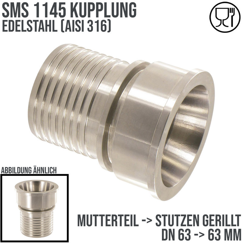 DN 63 SMS Kupplung 1145 Mutterteil MT Außengewinde Sicherungsbund - Stutzen gerillt 63 mm - PN 25 bar