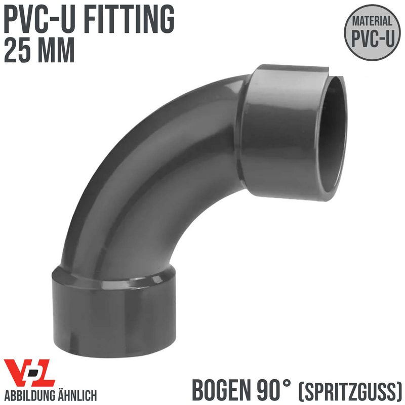 25 mm VDL PVC Klebe Fitting Bogen Winkel 90° (Spritzguss) Muffe Verbinder - PN 16 bar