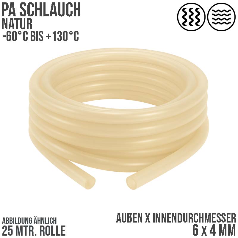 6 x 4 mm Polyamid PA Pneumatik Schlauch natur - PN 27 bar - 25 m