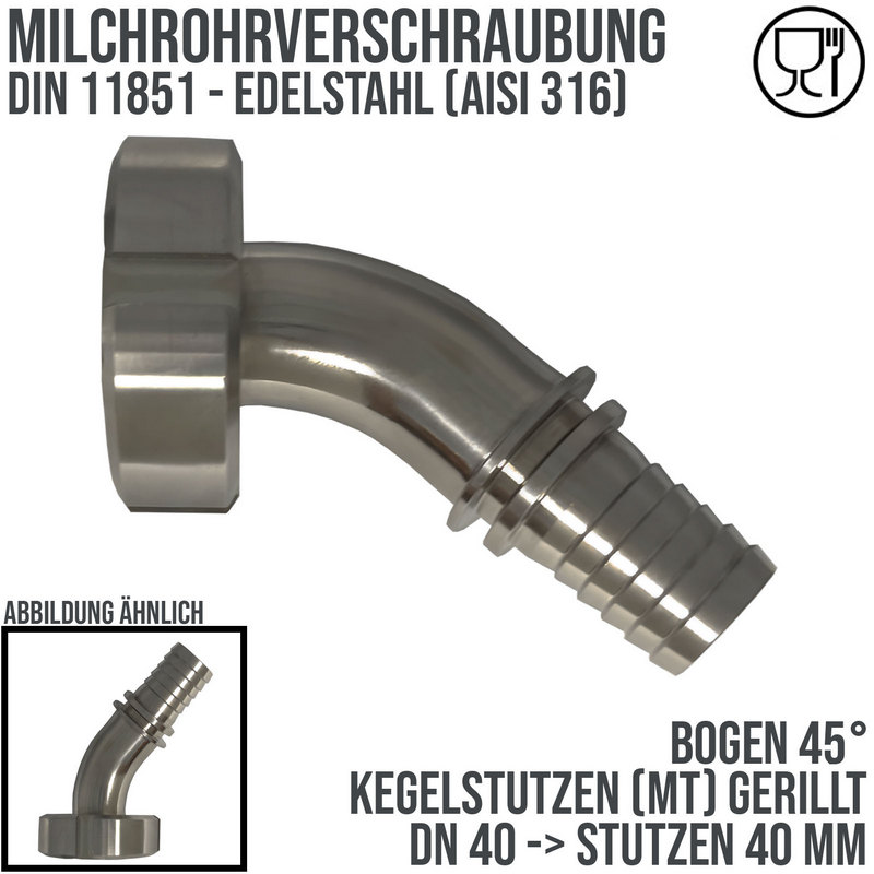 DN 40 Milchrohr Verschraubung DIN 11851 Mutterteil 45° Bogen Kegel Stutzen Sicherungsbund - Stutzen gerillt 40 mm - PN 25 bar