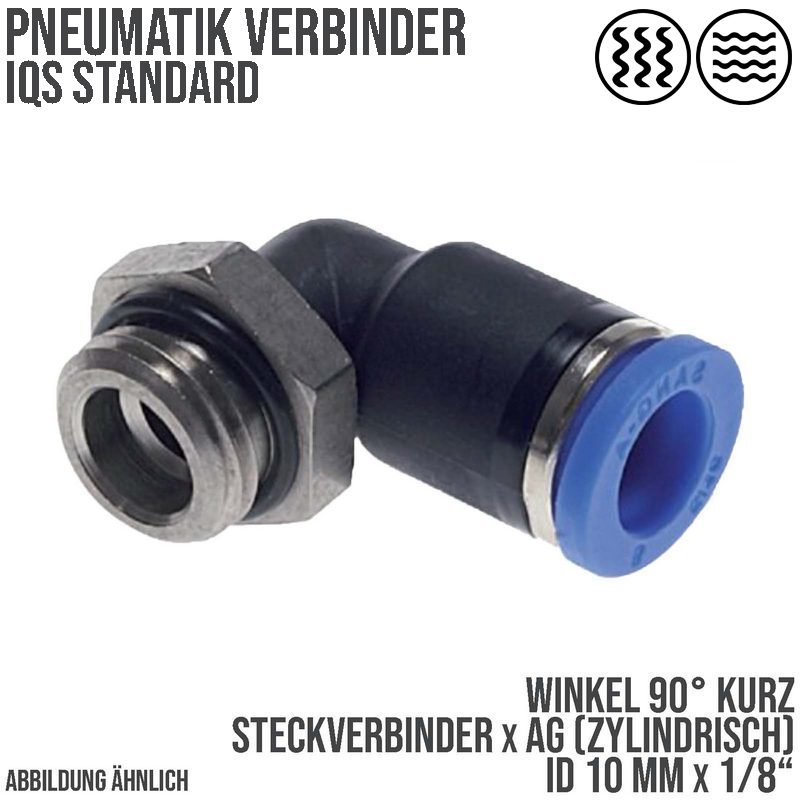 10 mm x 1/8" Pneumatik Steck Verbinder Winkel 90° kurz IQS Außengewinde zylindrisch - PN 20 bar