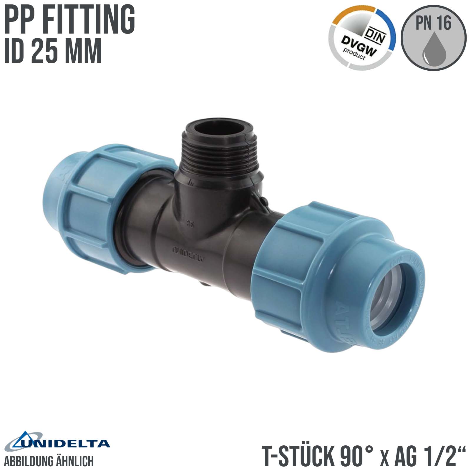 25 mm x 1/2" PE PP Fitting Klemm Verbinder Verschraubung Rohr T-Stück 90° x AG DVGW - Unidelta 