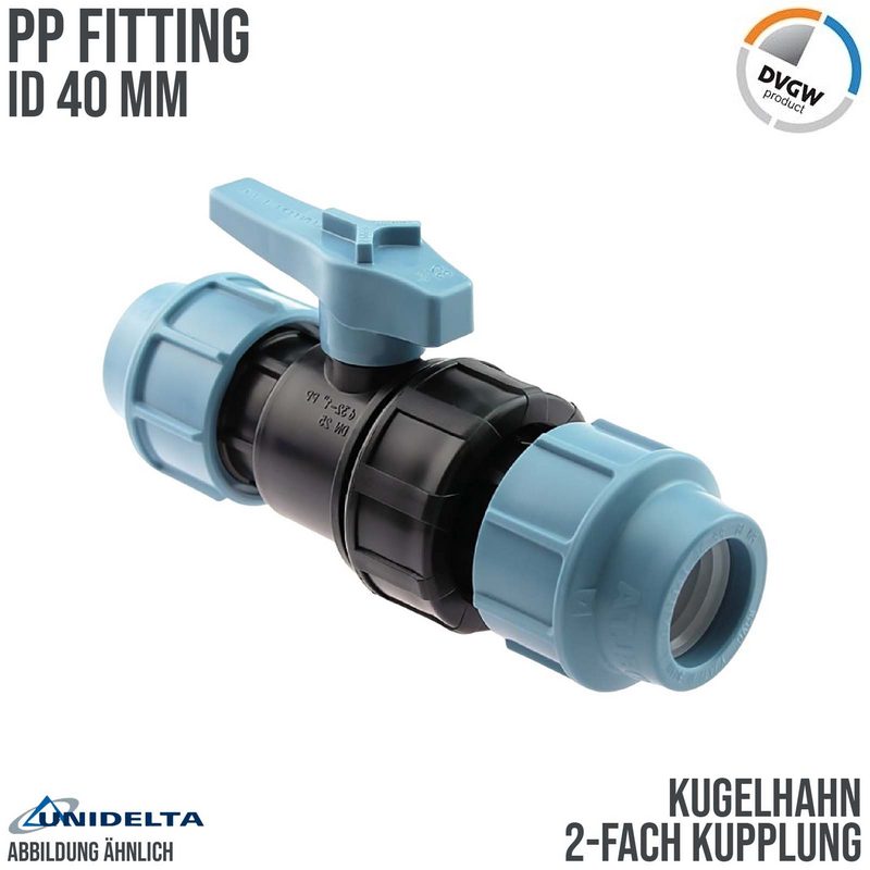 40 mm PE PP Kugelhahn 2-fach Klemm Muffe Kupplung PN 16 bar DVGW KIWA WRAS Unidelta