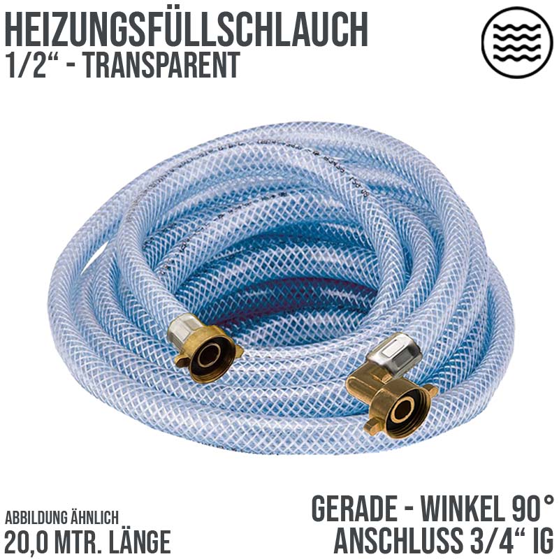 20 m Heizungs Füll Wasser Heizkörper Radiator Sanitär Schlauch transparent - 3/4" Gerade/Winkel Anschluss - PN 8 bar
