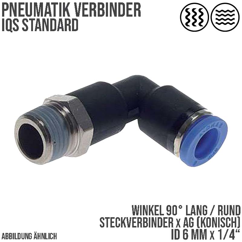 6 mm x 1/4" Pneumatik Steck Verbinder Winkel 90° rund lang rund IQS Außengewinde konisch - PN 20 bar