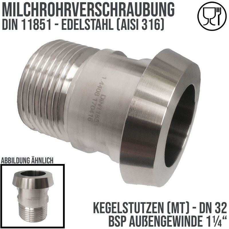 DN 32 Milchrohr Verschraubung DIN 11851 Mutterteil Kegel Stutzen Außengewinde AG 1 1/4" - PN 25 bar