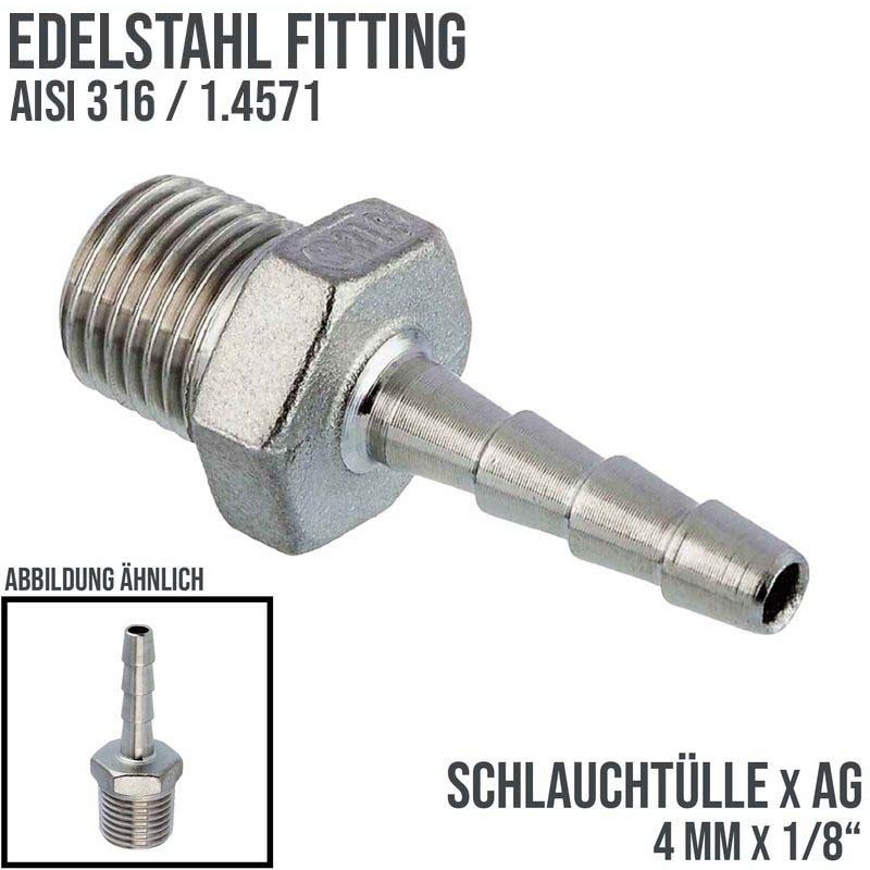 4 mm x 1/8" Zoll Schlauch Tülle Stutzen Außengewinde AG Nippel Edelstahl AISI 314 VA  Fitting - PN 20 bar