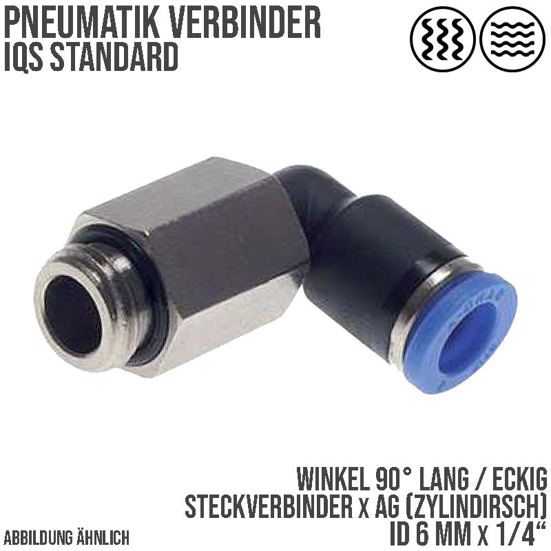 6 mm x 1/4" Pneumatik Steck Verbinder Winkel 90° lang IQS Außengewinde zylindrisch - PN 20 bar