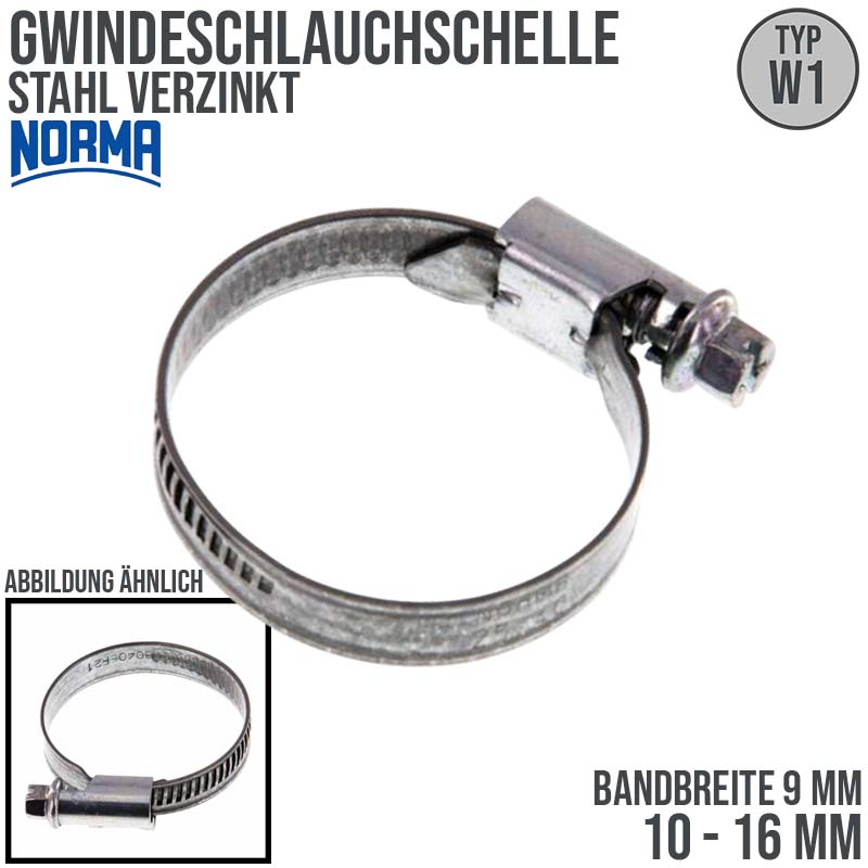 10 - 16 mm NORMA Schlauch Gewinde Rohr Schelle W1 Stahl verzinkt - Band 9 mm
