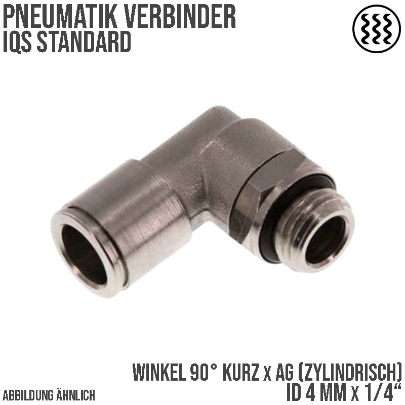 4 mm x 1/4" Pneumatik Steck Verbinder Winkel 90° kurz IQS MSV Messing Außengewinde zylindrisch - PN 16 bar