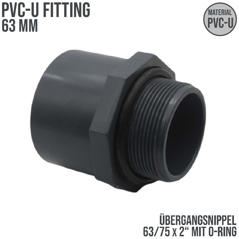 63 mm PVC Klebe Fitting Übergangsnippel Sechs-/Achtkant 63/75 mm x 2" mit O-Ring Muffe Verbinder - PN 10 bar