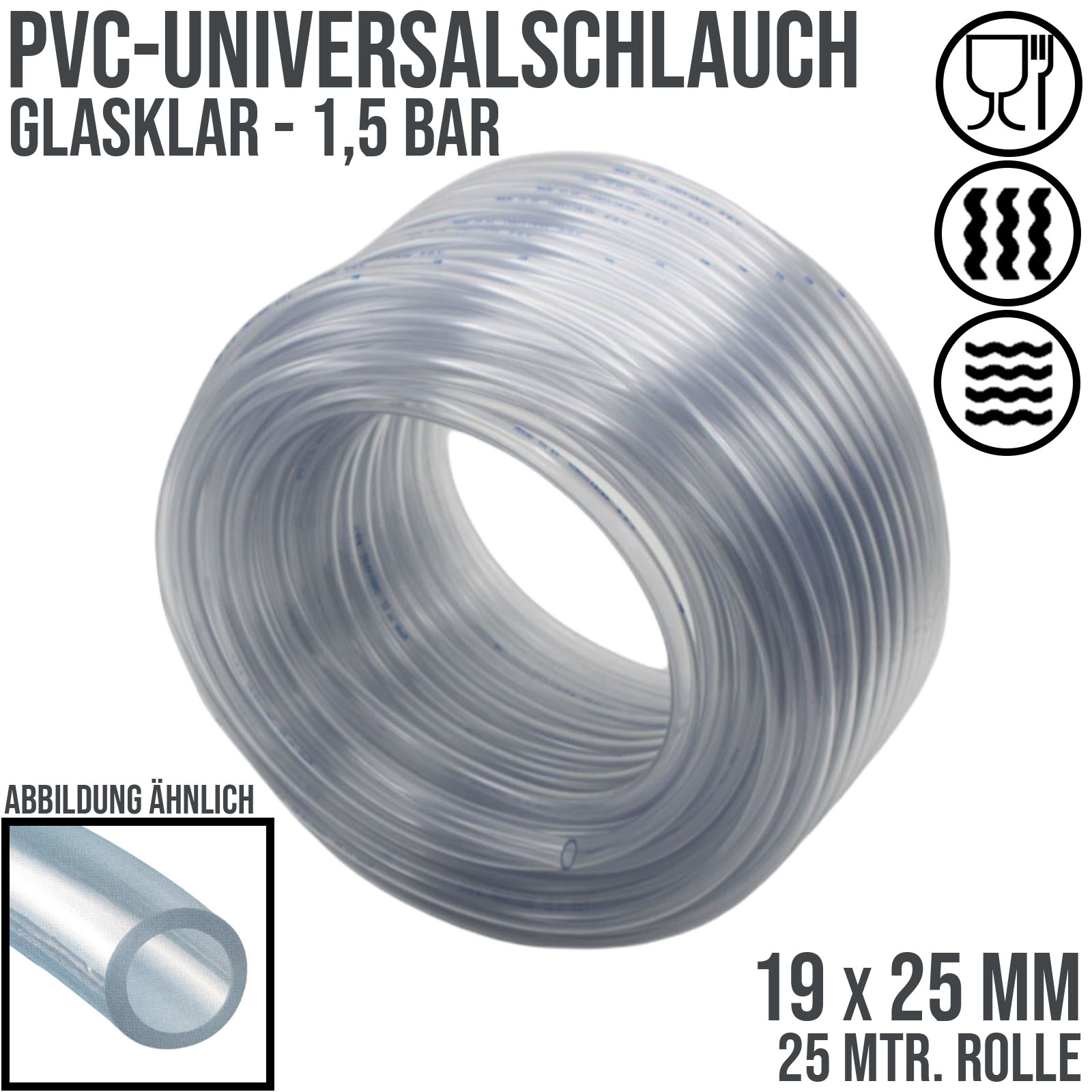 19 x 25 mm PVC Luft Filter Wasser Universal Labor Aquarium Terrarium Schlauch klar durchsichtig - PN 1,5 bar  - 25 m