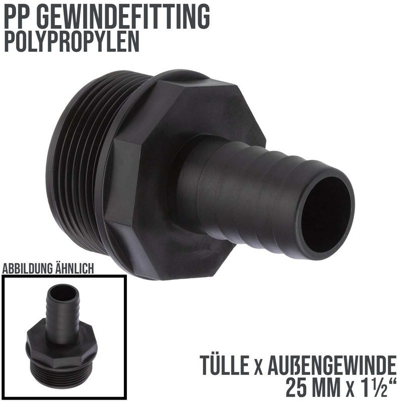 25 mm x 1 1/2 " PP Gewinde Fitting Schlauch Tülle Stutzen Außengewinde AG - PN 6 bar