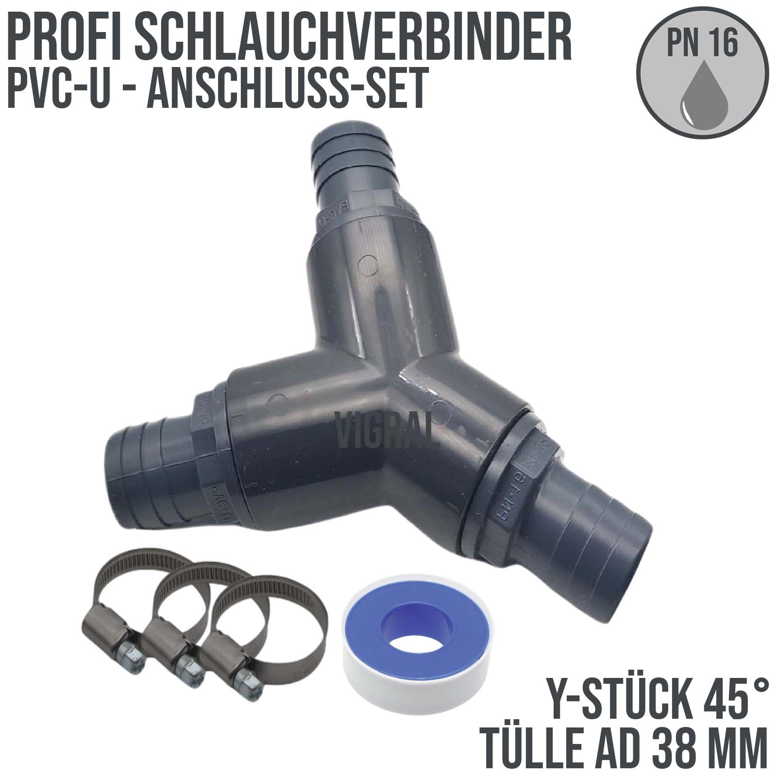 38 mm PVC PROFI Y-Stück 45° Schlauch Verbinder Stutzen Tülle Pool Teich Garten - PN 10 bar - Montage-Set