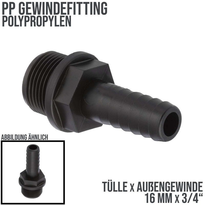 16 mm x 3/4 " PP Gewinde Fitting Schlauch Tülle Stutzen Außengewinde AG - PN 6 bar
