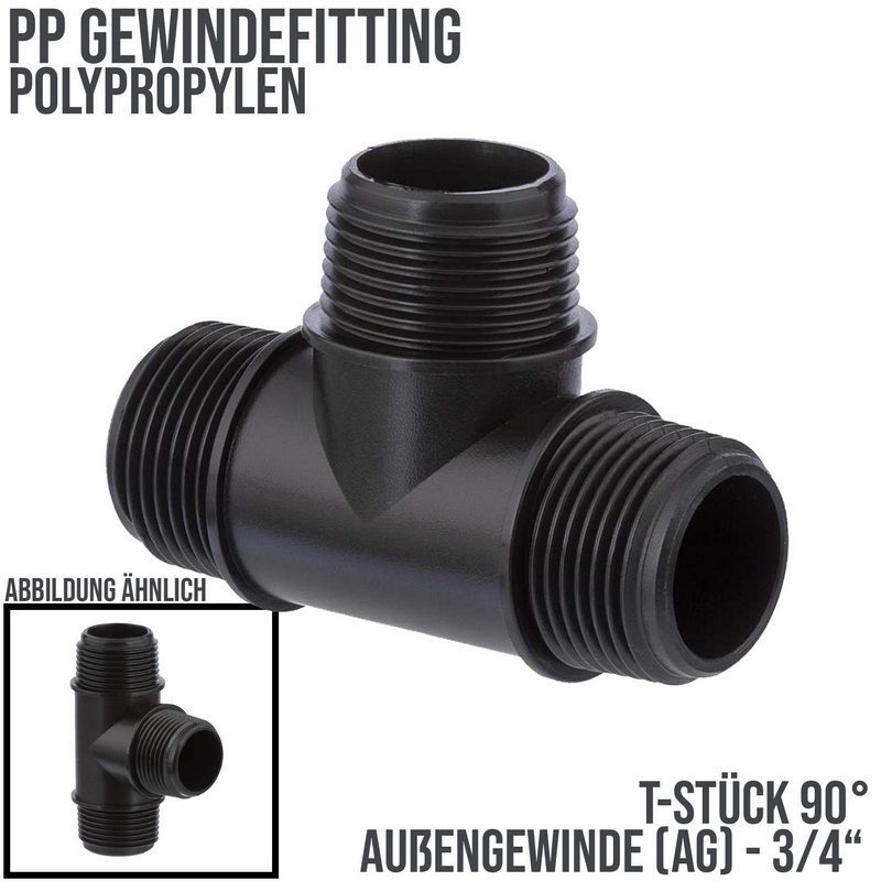 3/4 " PP Gewinde Fitting T-Stück 90° schwarz Außen x Außengewinde IG Polypropylen - PN 10 bar