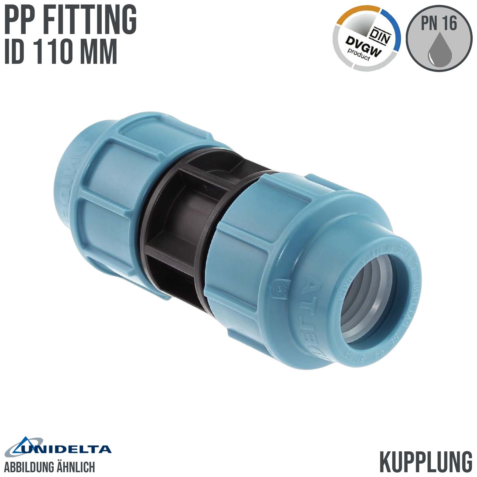 110 mm PE PP Fitting Klemm Verbinder Verschraubung Muffe Rohr Kupplung DVGW - Unidelta