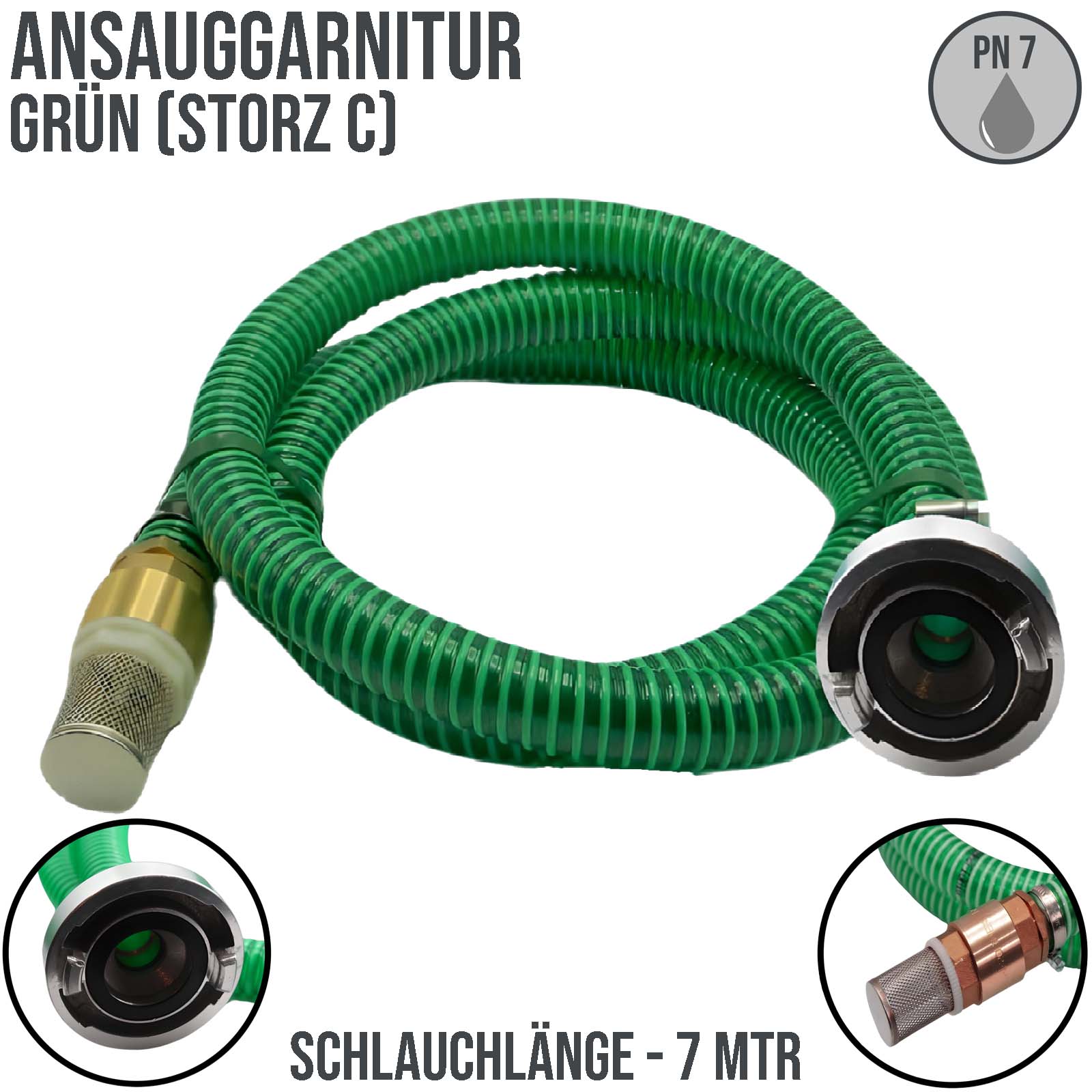 32 mm 1 1/4" Zoll Ansaug Saug Schlauch Pumpen Garnitur STORZ C Kupplung grün - 7 m